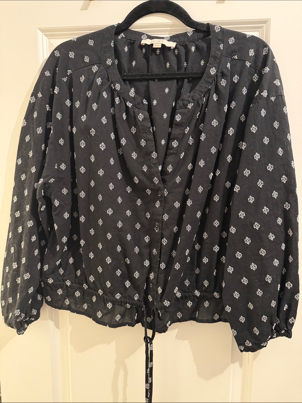 LOFT Black Printed Drawstring Peasant Blouse